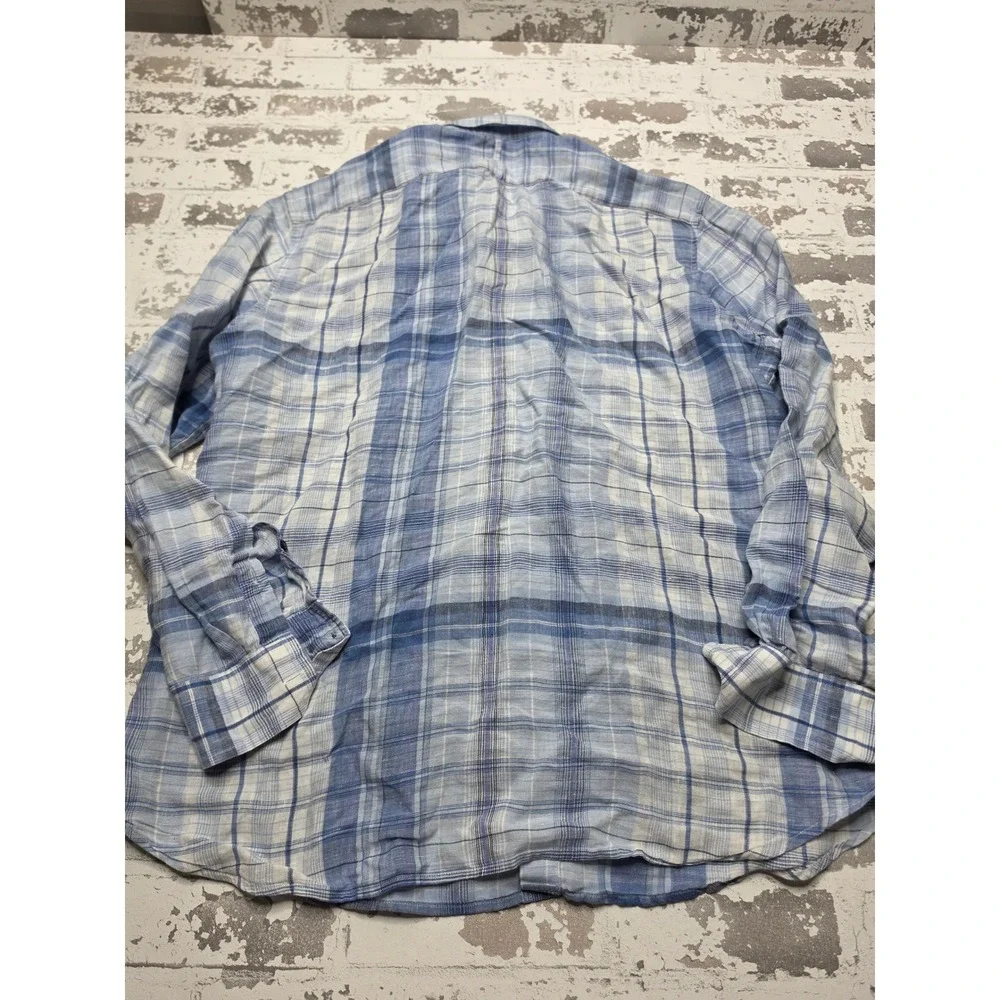 Banana Republic Mens Blue Plaid 100% Linen Long Sleeve Button Down Shirt Large